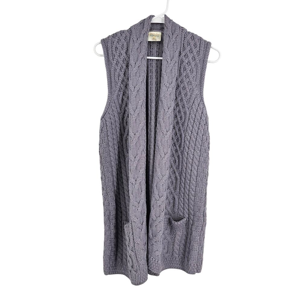 Kilronan Merino Wool Sweater Vest Purple Cable Knit Sleeveless Longline Size XS